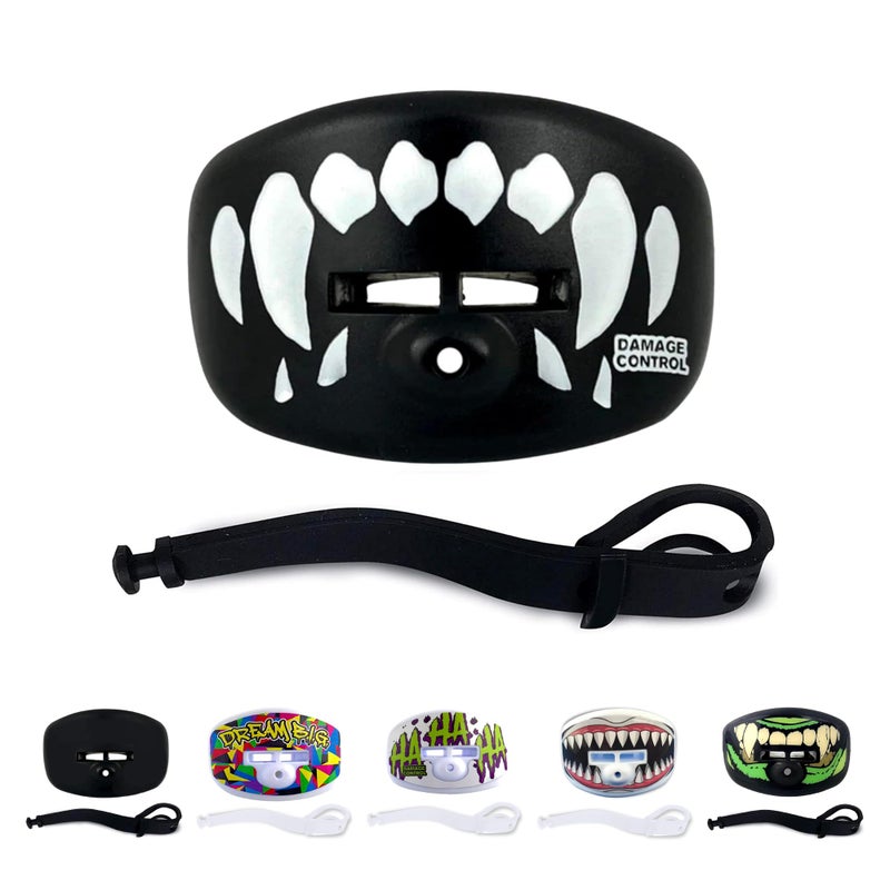 DAMAGE CONTROL دفاع الأضرار مصاصة فم - واقي فم كرة القدم مع حزام خوذة، يحمي الأسنان والفك والفم - قطعة فم للرياضات، لا تحتاج إلى غلي، تسمح بتدفق الهواء - معدات للبالغين والشباب (أنياب)  - Image 1